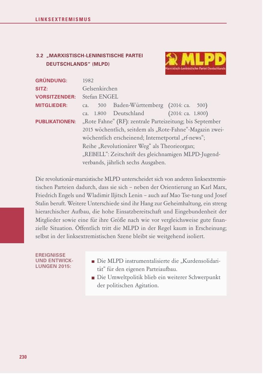Seite 230 des Verfassungsschutzbericht 2015 Baden-Württemberg