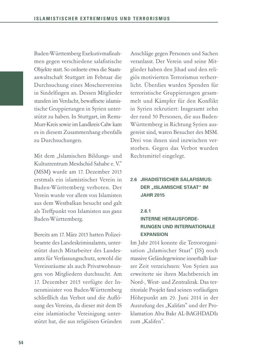 Seite 54 des Verfassungsschutzbericht 2015 Baden-Württemberg