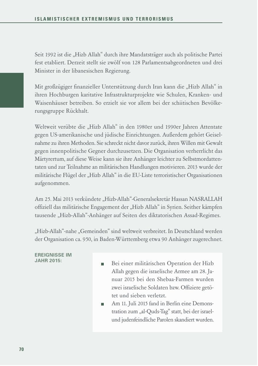 Seite 70 des Verfassungsschutzbericht 2015 Baden-Württemberg