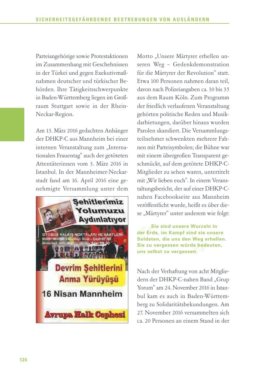 Seite 124 des Verfassungsschutzbericht 2016 Baden-Württemberg