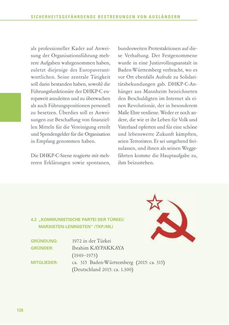 Seite 126 des Verfassungsschutzbericht 2016 Baden-Württemberg