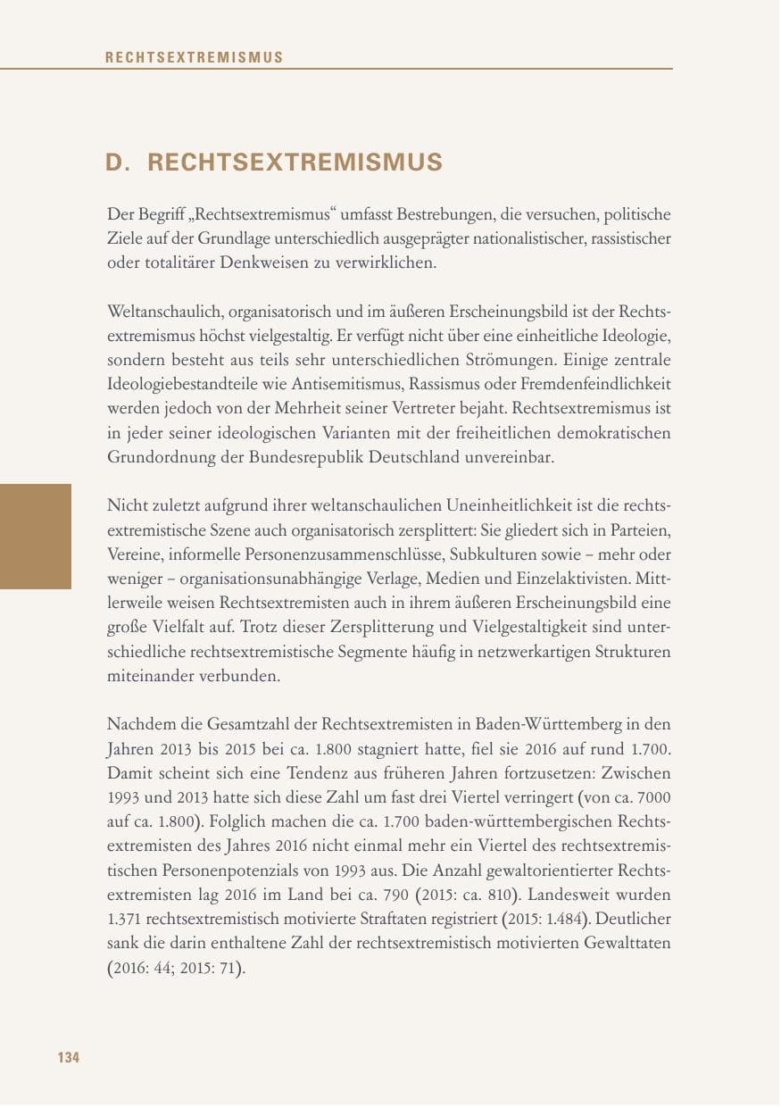 Seite 134 des Verfassungsschutzbericht 2016 Baden-Württemberg