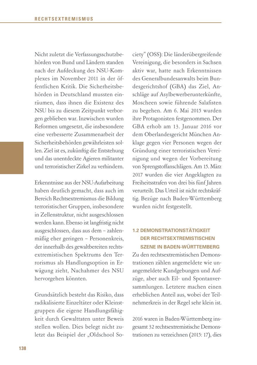 Seite 138 des Verfassungsschutzbericht 2016 Baden-Württemberg