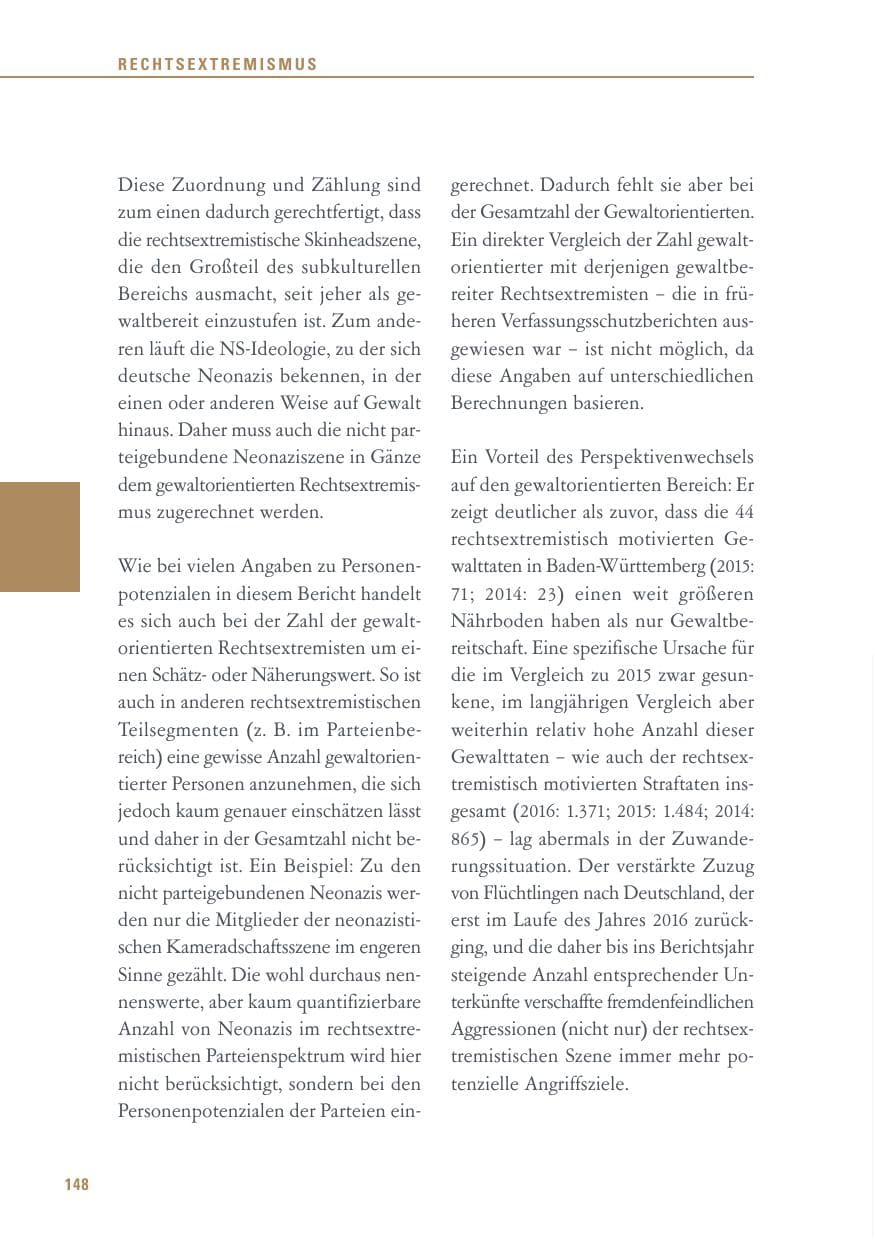 Seite 148 des Verfassungsschutzbericht 2016 Baden-Württemberg