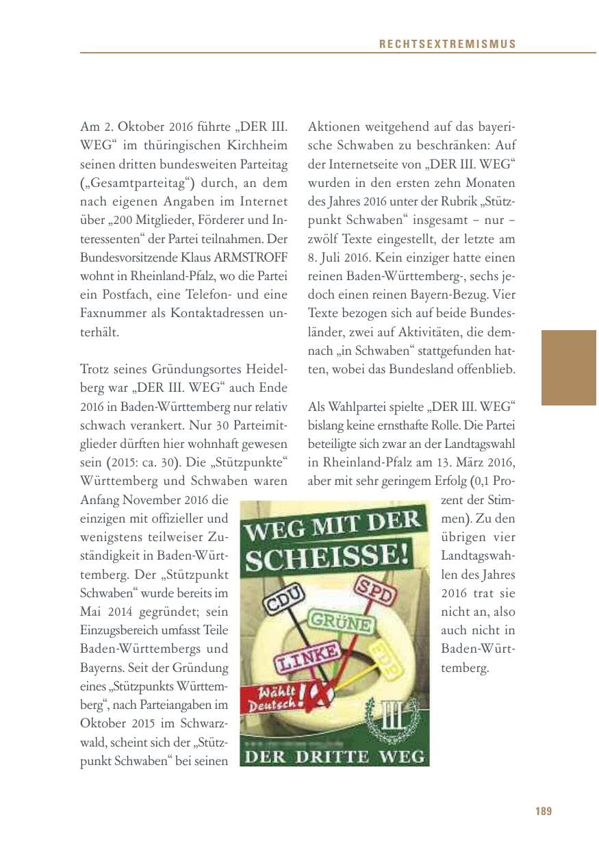 Seite 189 des Verfassungsschutzbericht 2016 Baden-Württemberg