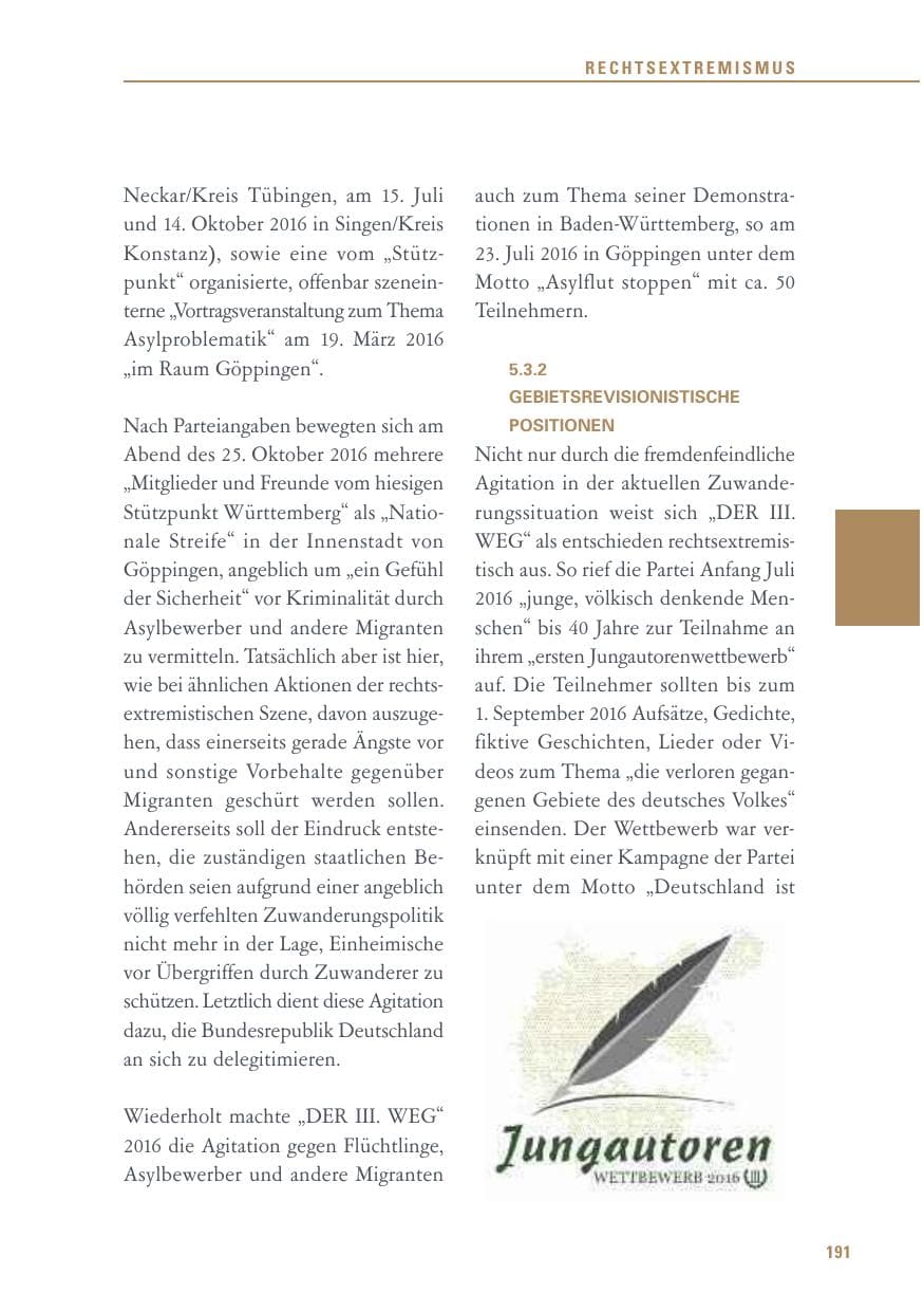 Seite 191 des Verfassungsschutzbericht 2016 Baden-Württemberg