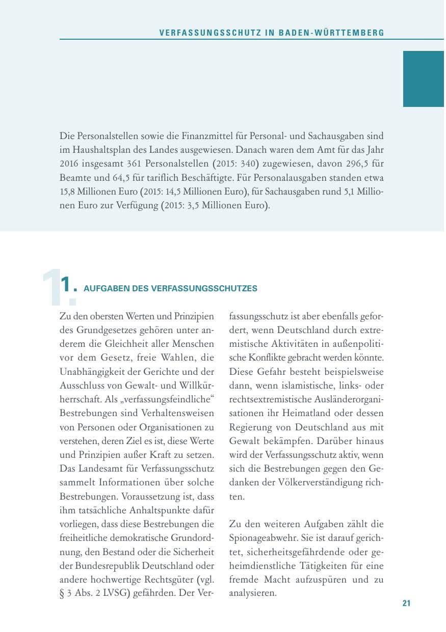 Seite 21 des Verfassungsschutzbericht 2016 Baden-Württemberg
