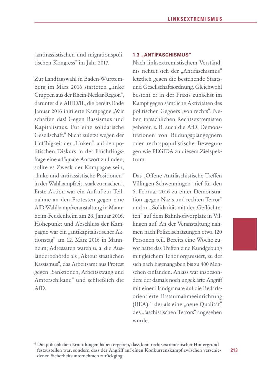 Seite 213 des Verfassungsschutzbericht 2016 Baden-Württemberg