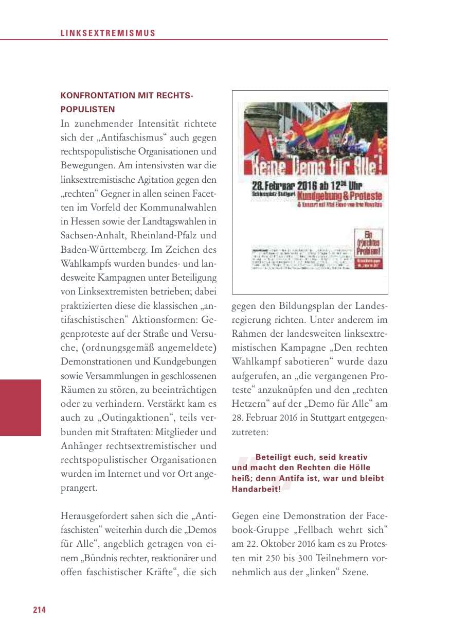 Seite 214 des Verfassungsschutzbericht 2016 Baden-Württemberg