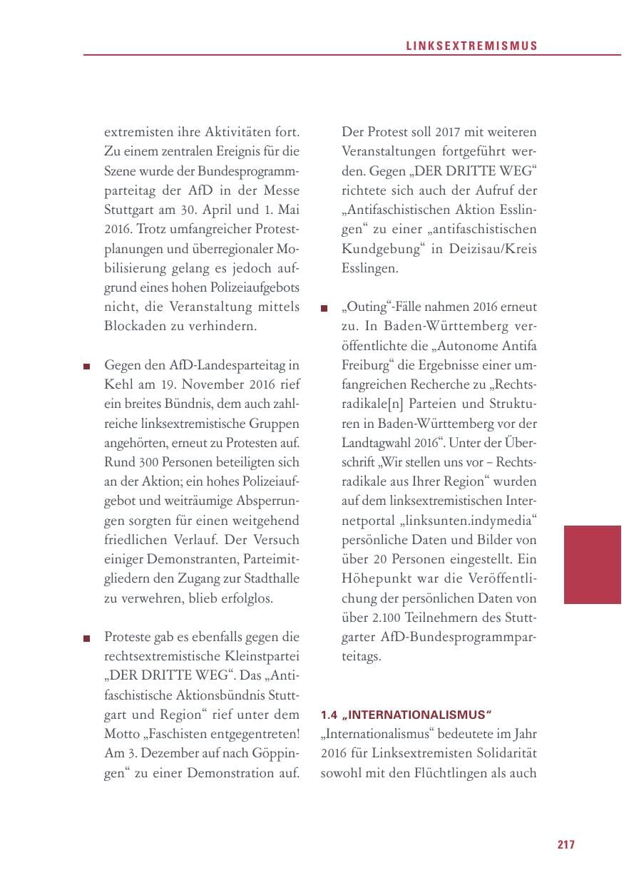 Seite 217 des Verfassungsschutzbericht 2016 Baden-Württemberg
