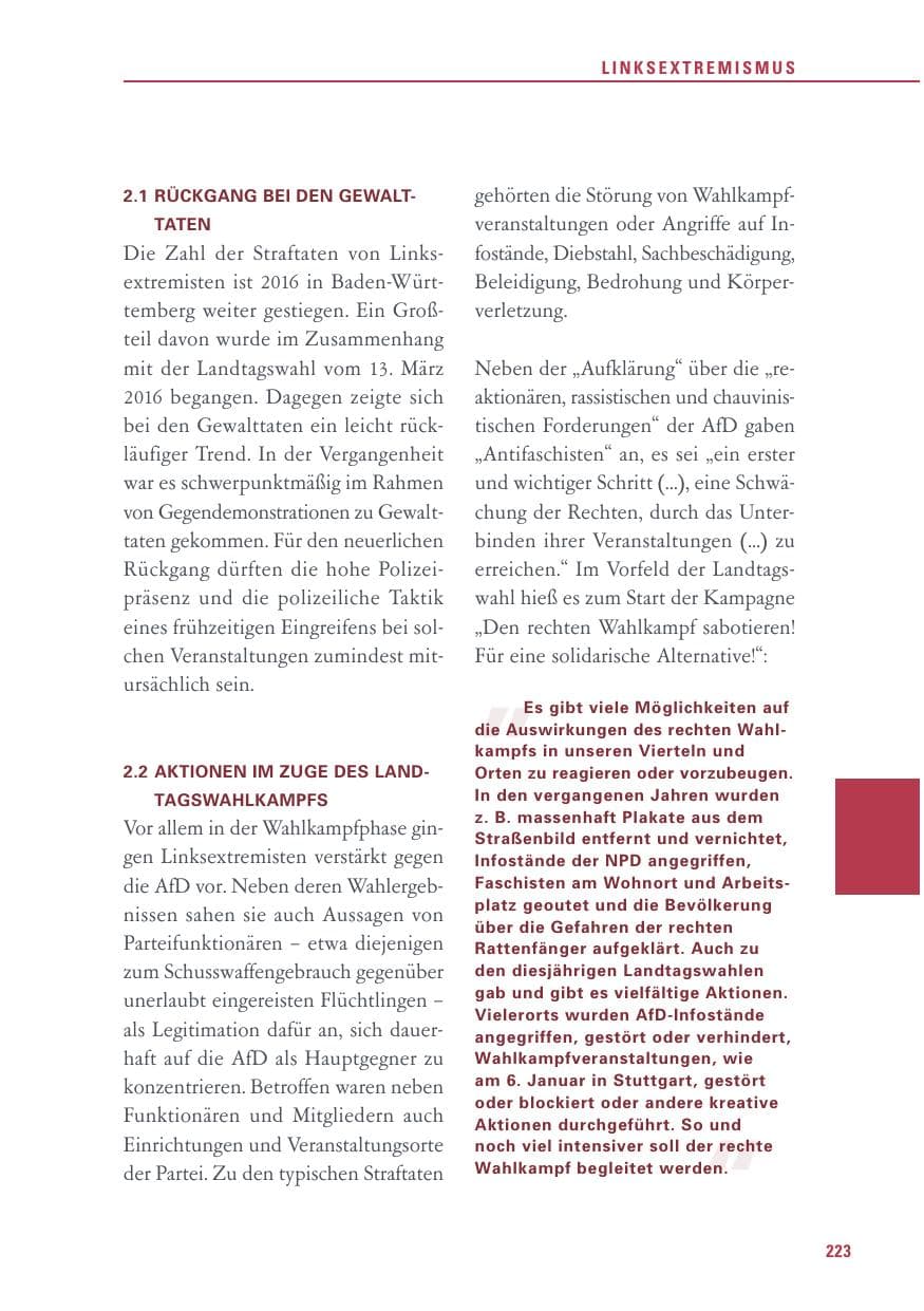 Seite 223 des Verfassungsschutzbericht 2016 Baden-Württemberg