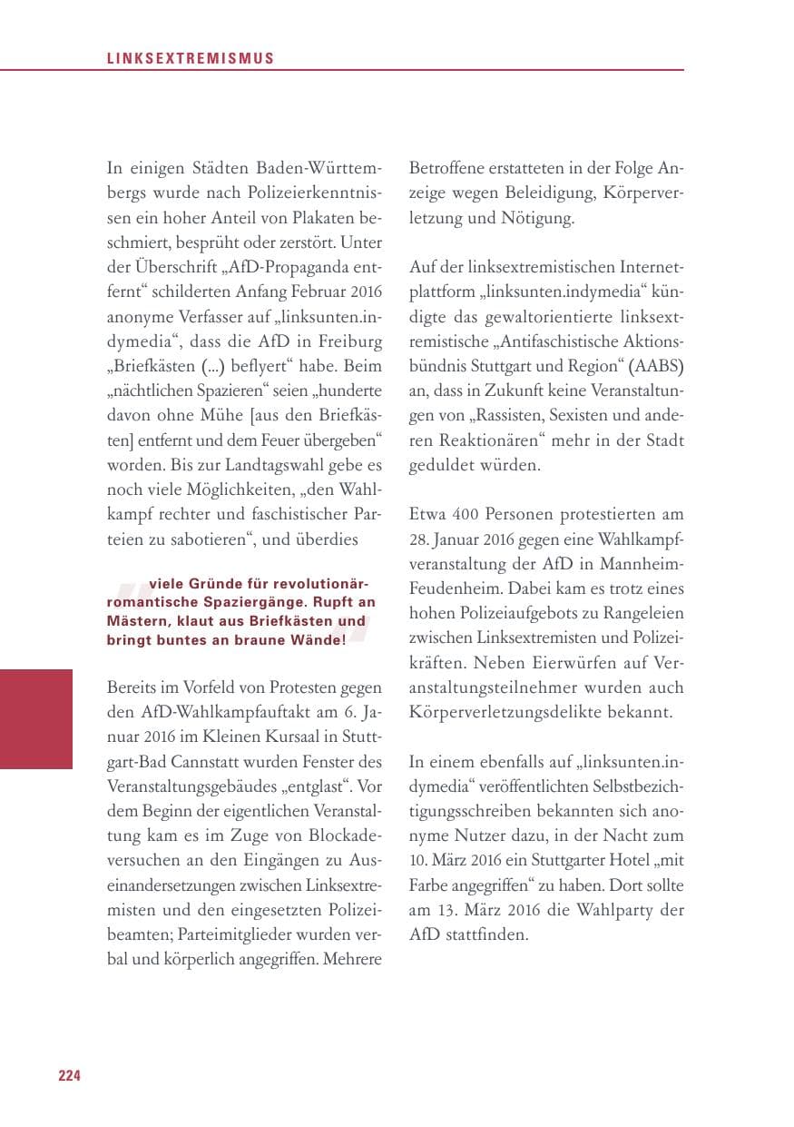 Seite 224 des Verfassungsschutzbericht 2016 Baden-Württemberg