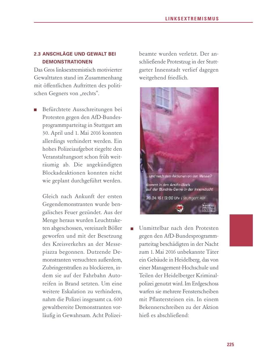 Seite 225 des Verfassungsschutzbericht 2016 Baden-Württemberg
