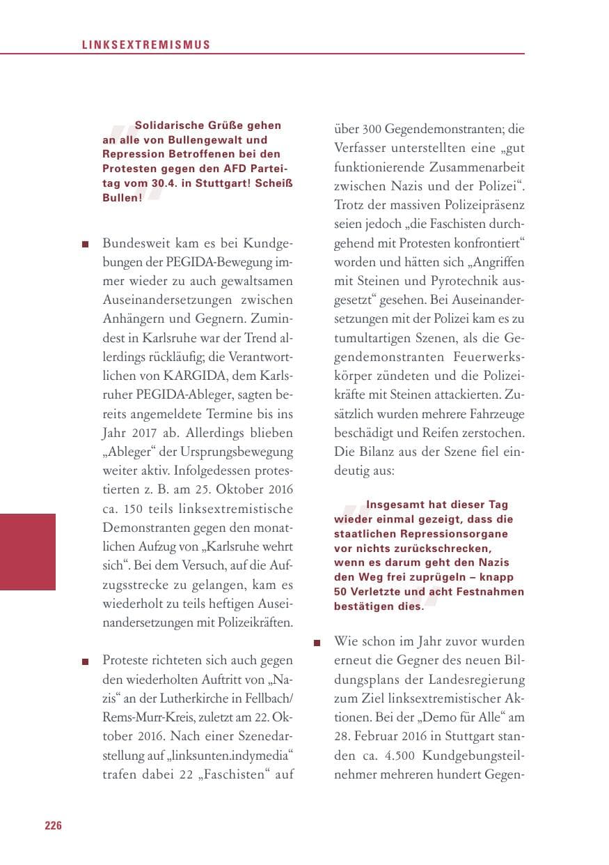 Seite 226 des Verfassungsschutzbericht 2016 Baden-Württemberg