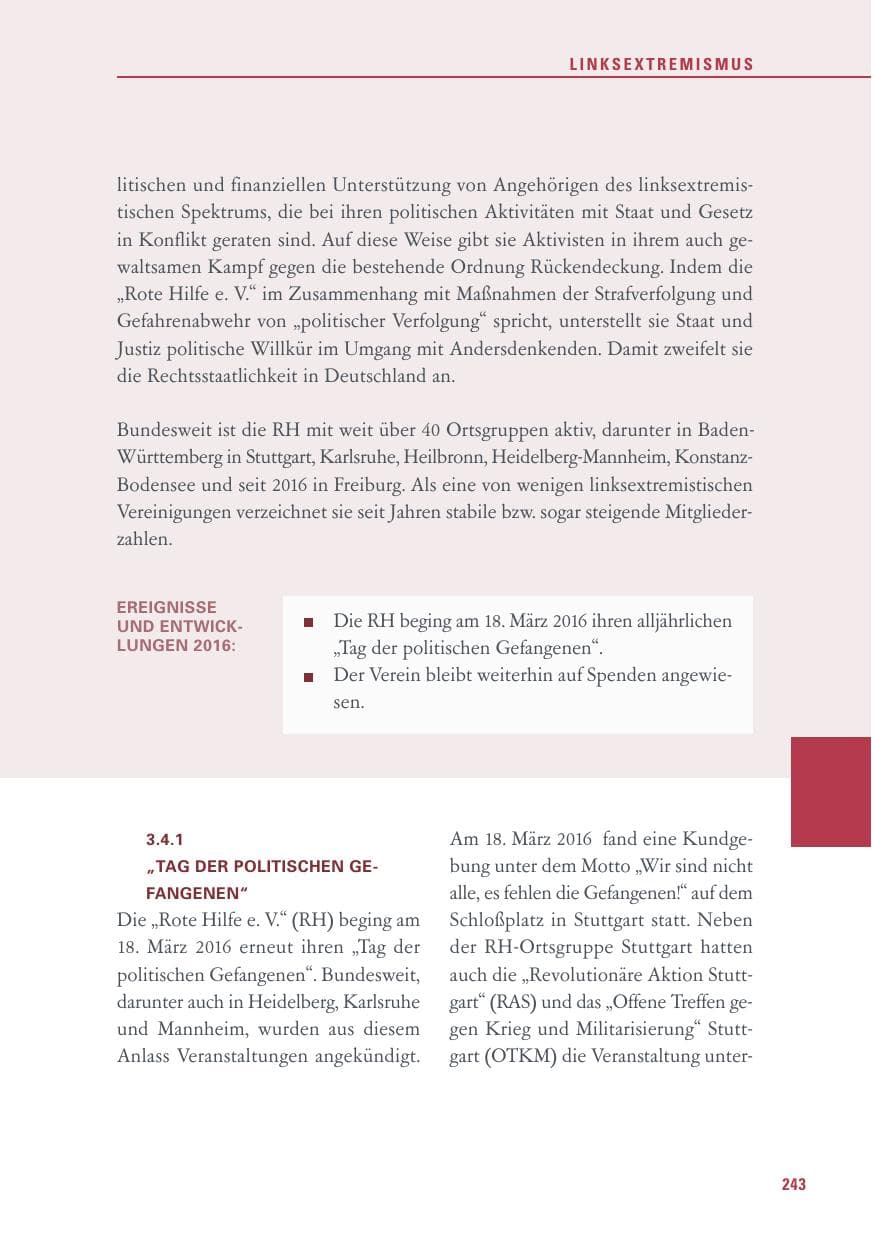 Seite 243 des Verfassungsschutzbericht 2016 Baden-Württemberg