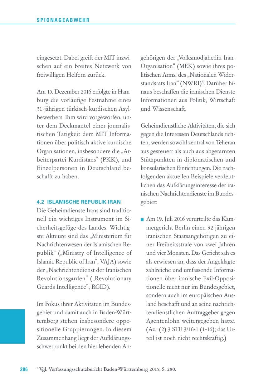 Seite 286 des Verfassungsschutzbericht 2016 Baden-Württemberg