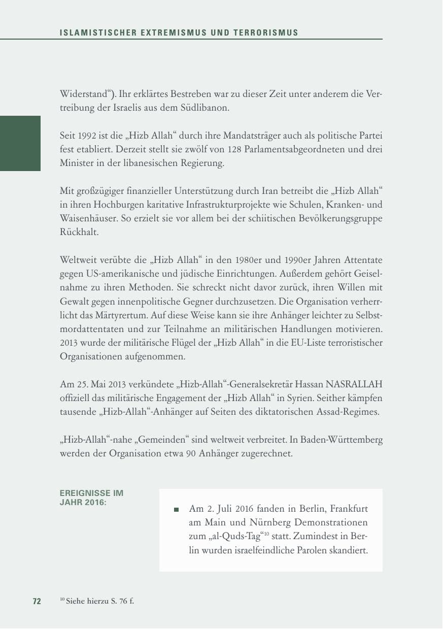 Seite 72 des Verfassungsschutzbericht 2016 Baden-Württemberg
