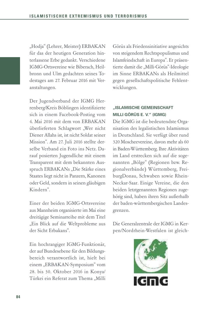 Seite 84 des Verfassungsschutzbericht 2016 Baden-Württemberg