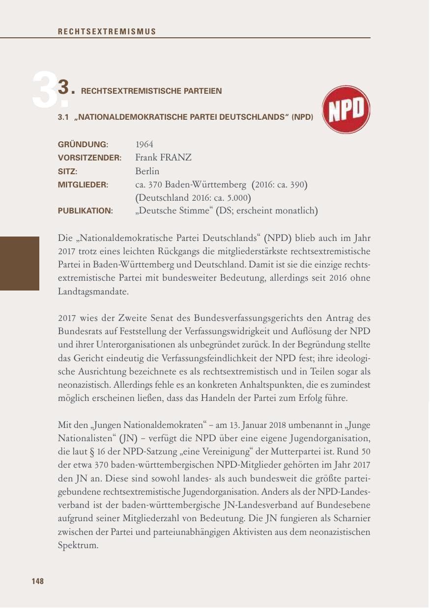 Seite 148 des Verfassungsschutzbericht 2017 Baden-Württemberg