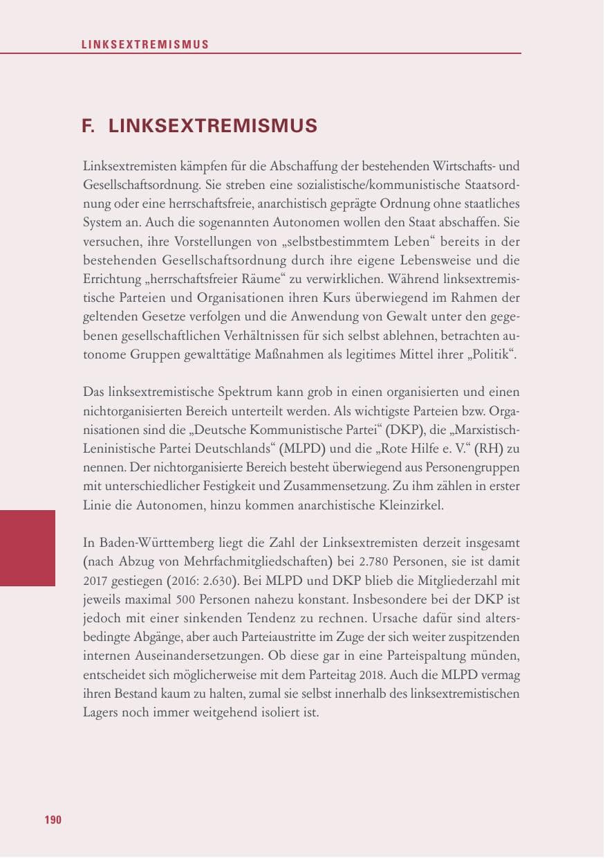 Seite 190 des Verfassungsschutzbericht 2017 Baden-Württemberg
