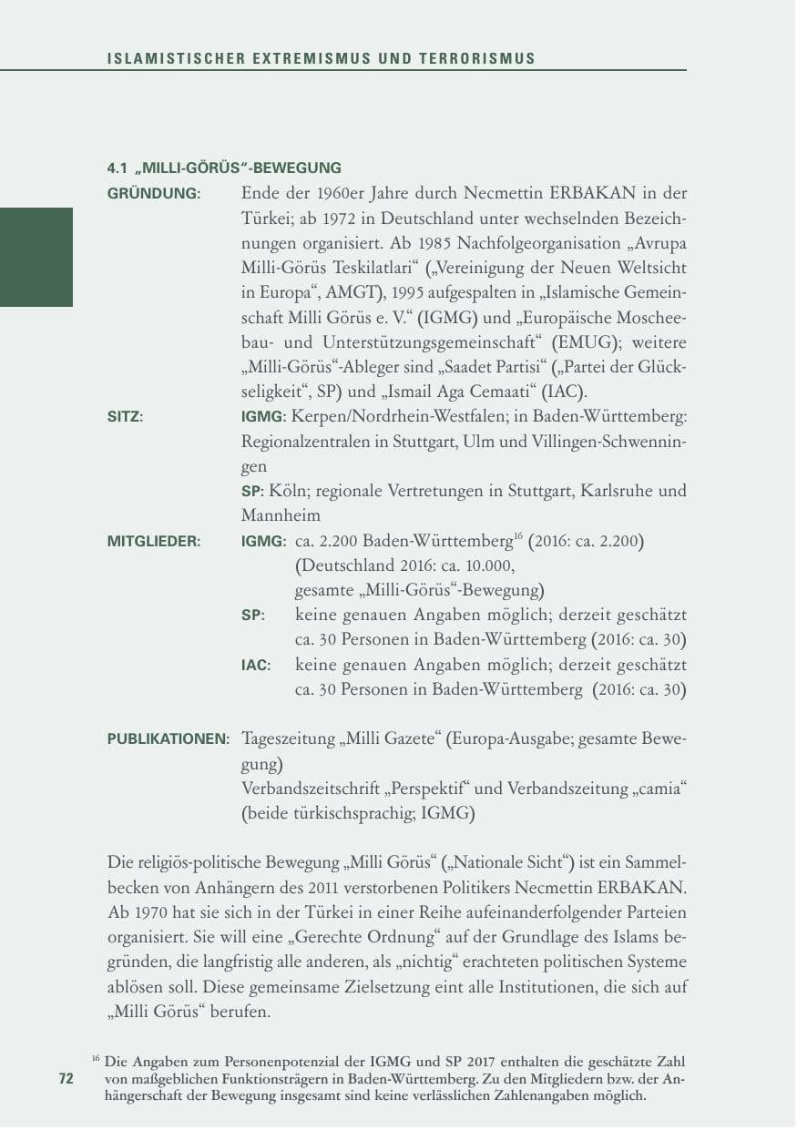 Seite 72 des Verfassungsschutzbericht 2017 Baden-Württemberg