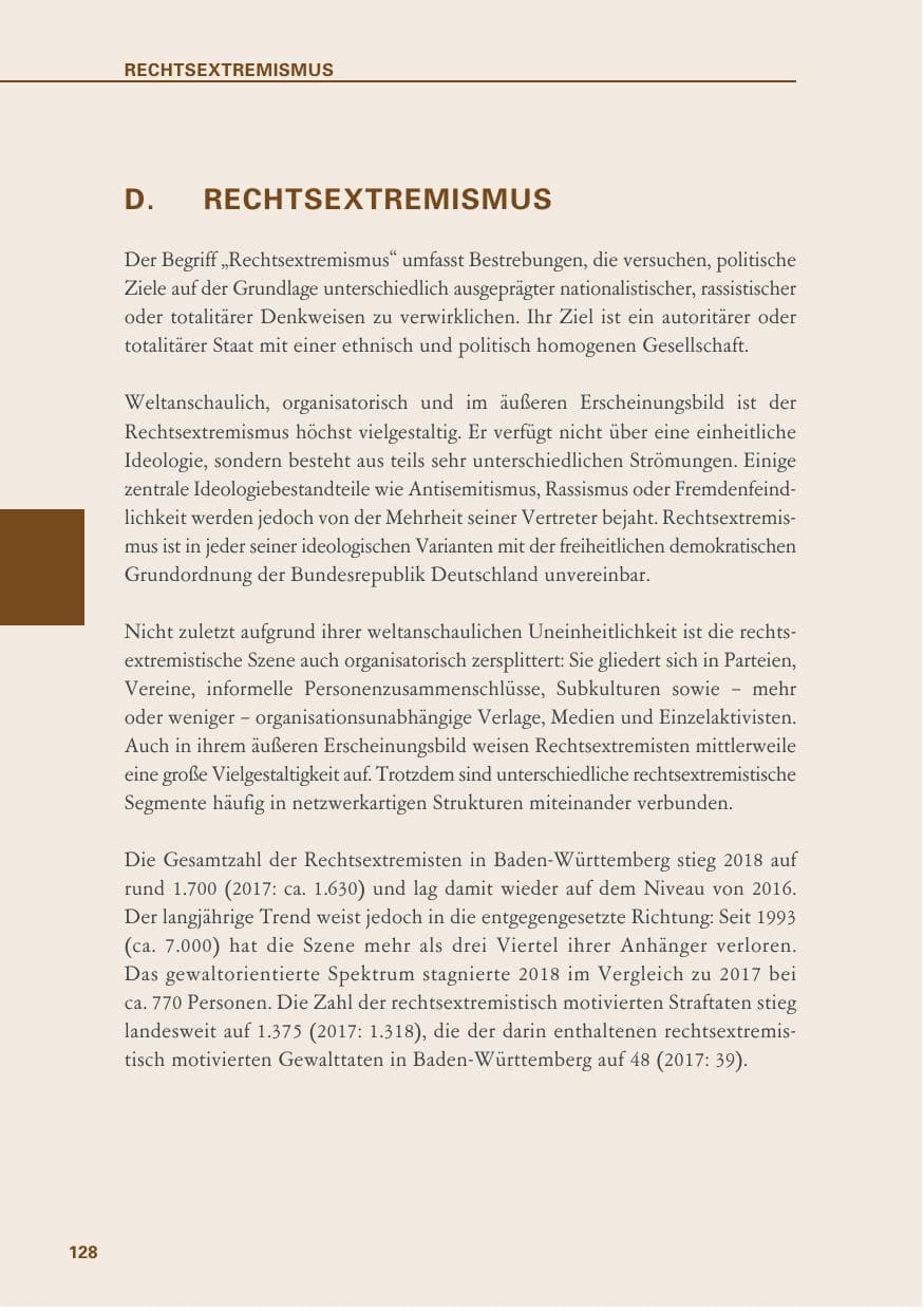 Seite 128 des Verfassungsschutzbericht 2018 Baden-Württemberg
