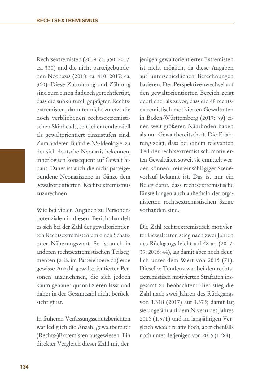 Seite 134 des Verfassungsschutzbericht 2018 Baden-Württemberg