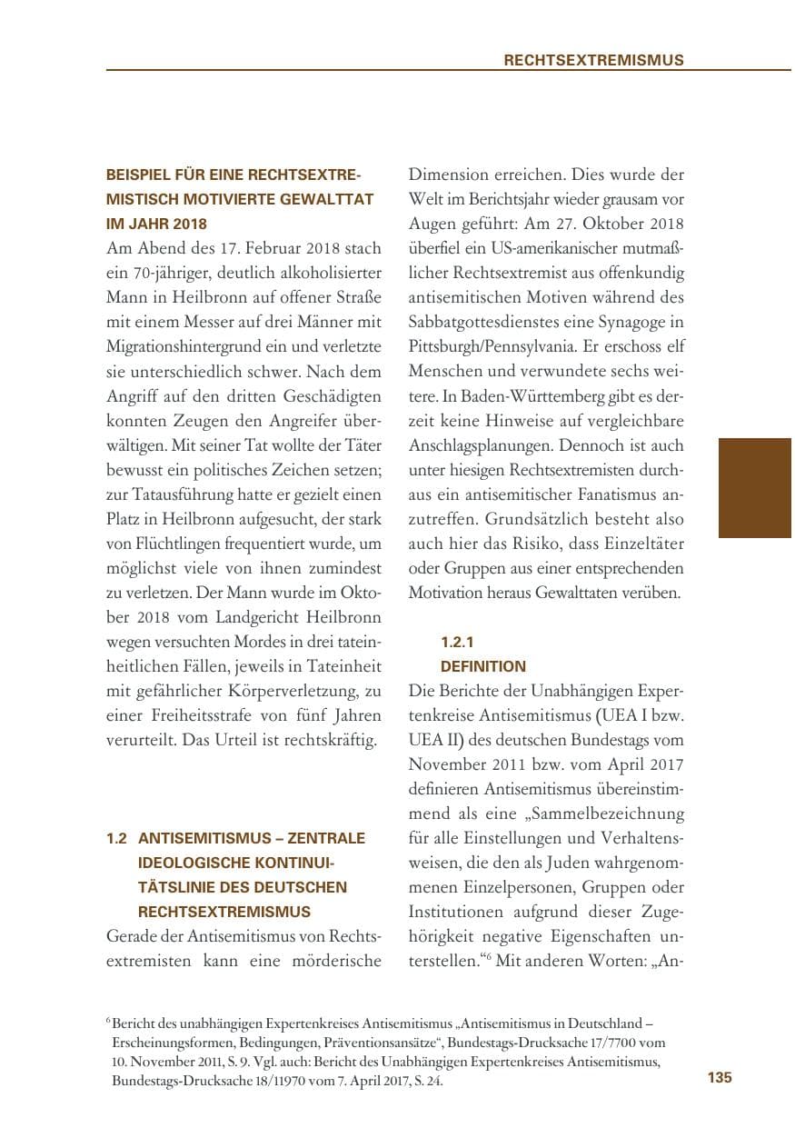 Seite 135 des Verfassungsschutzbericht 2018 Baden-Württemberg