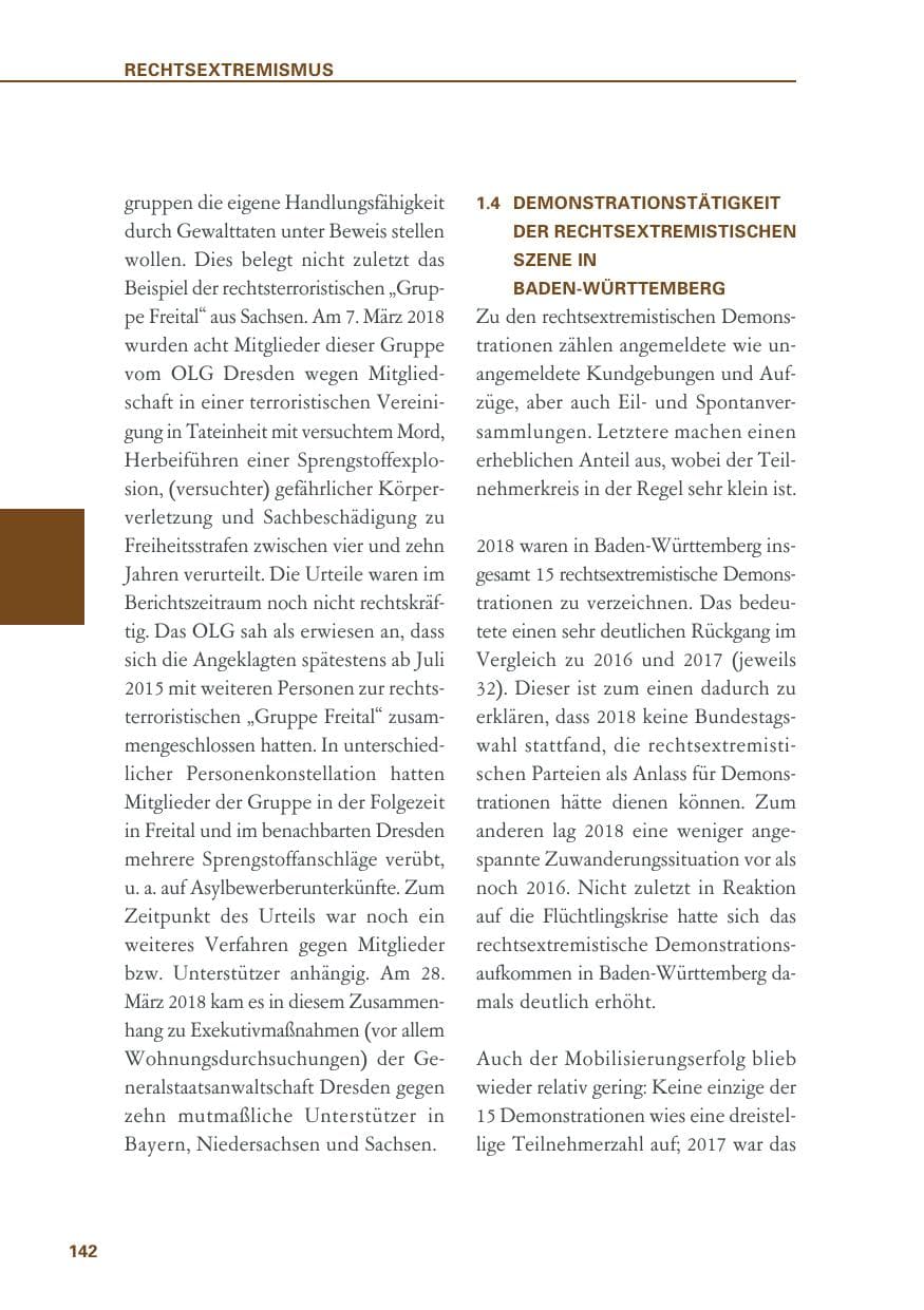 Seite 142 des Verfassungsschutzbericht 2018 Baden-Württemberg