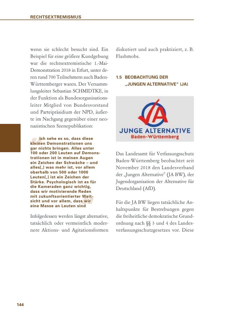 Seite 144 des Verfassungsschutzbericht 2018 Baden-Württemberg