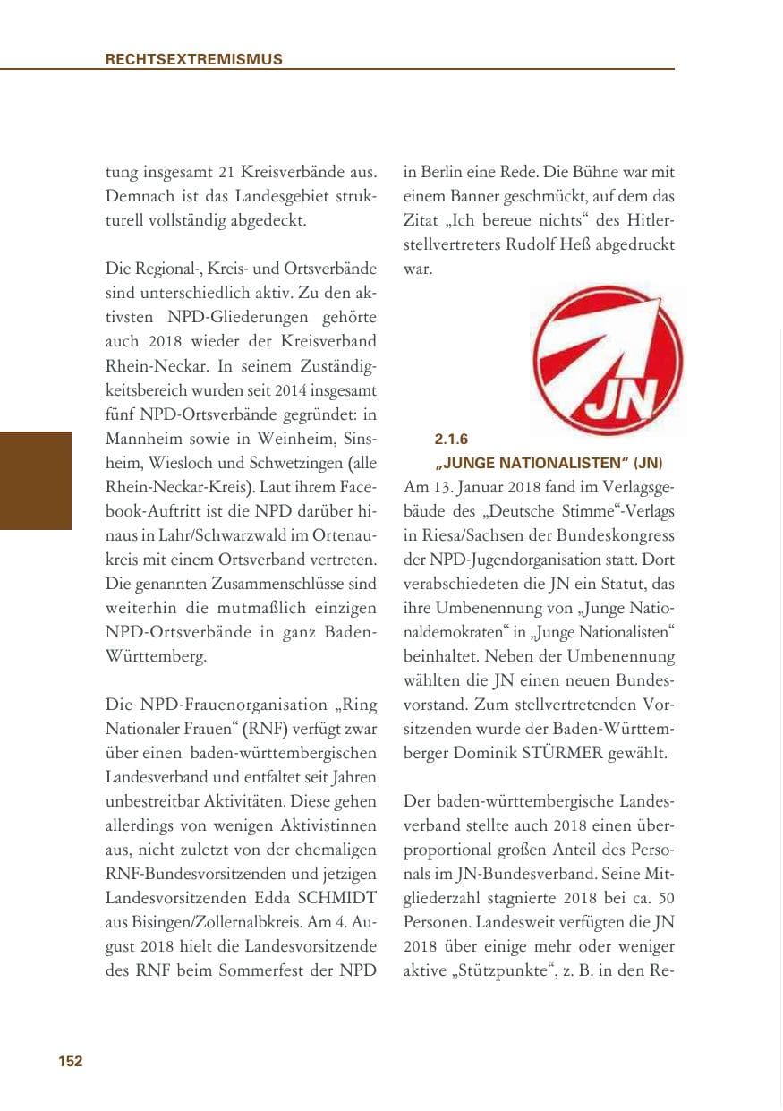 Seite 152 des Verfassungsschutzbericht 2018 Baden-Württemberg