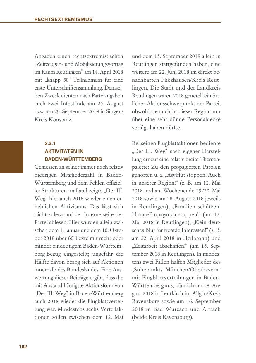 Seite 162 des Verfassungsschutzbericht 2018 Baden-Württemberg