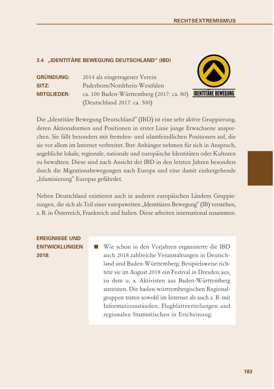Seite 183 des Verfassungsschutzbericht 2018 Baden-Württemberg