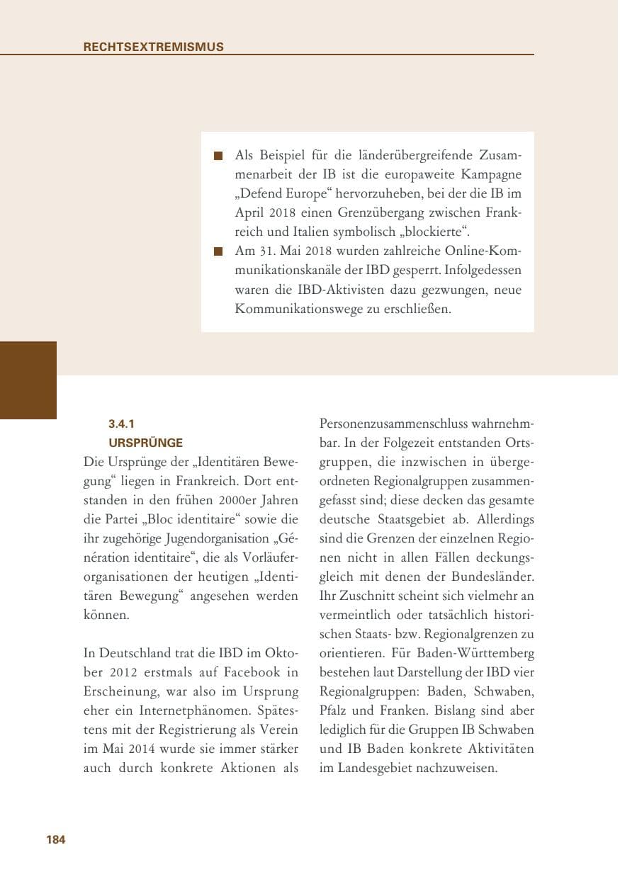 Seite 184 des Verfassungsschutzbericht 2018 Baden-Württemberg