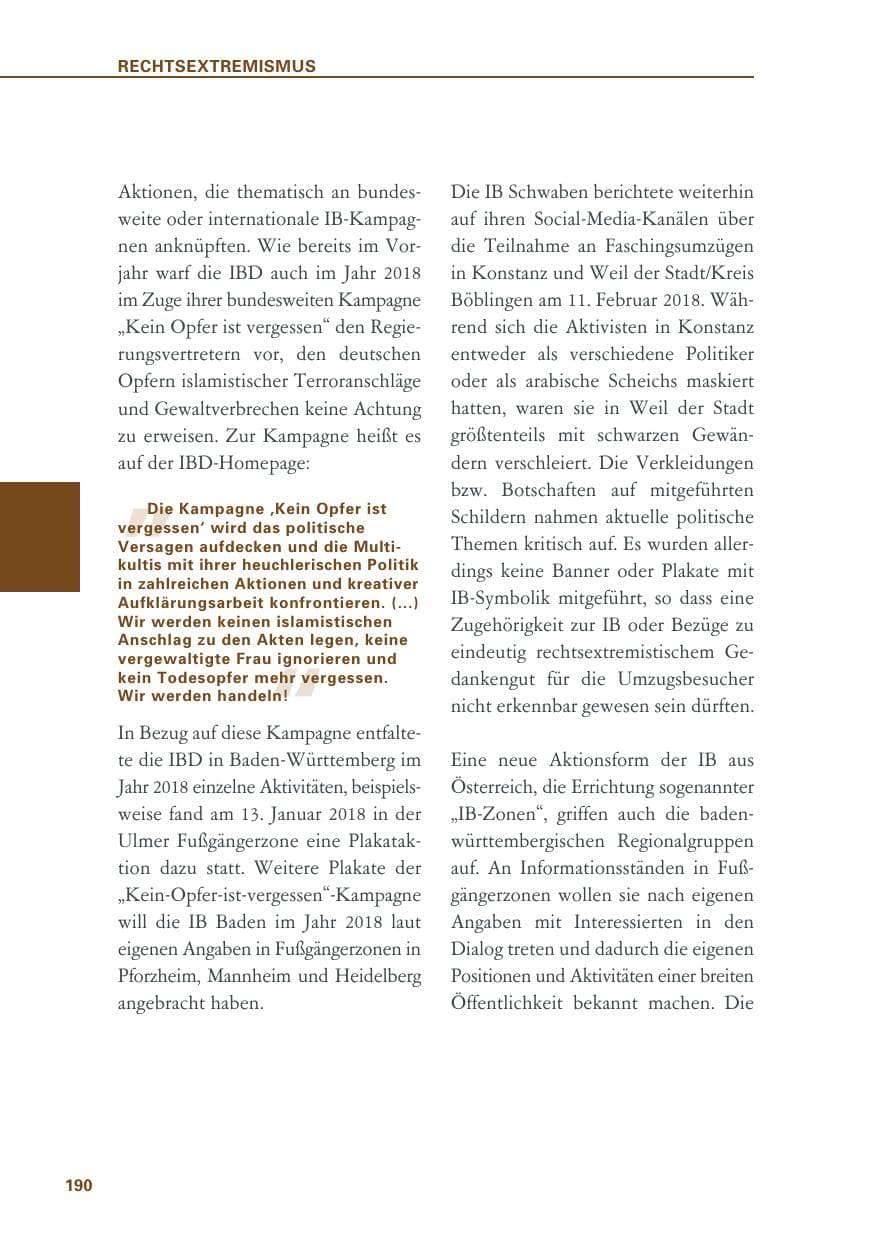 Seite 190 des Verfassungsschutzbericht 2018 Baden-Württemberg