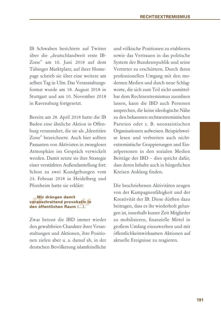 Seite 191 des Verfassungsschutzbericht 2018 Baden-Württemberg