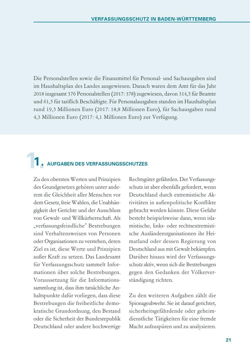 Seite 21 des Verfassungsschutzbericht 2018 Baden-Württemberg