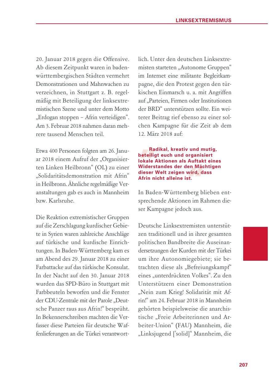 Seite 207 des Verfassungsschutzbericht 2018 Baden-Württemberg