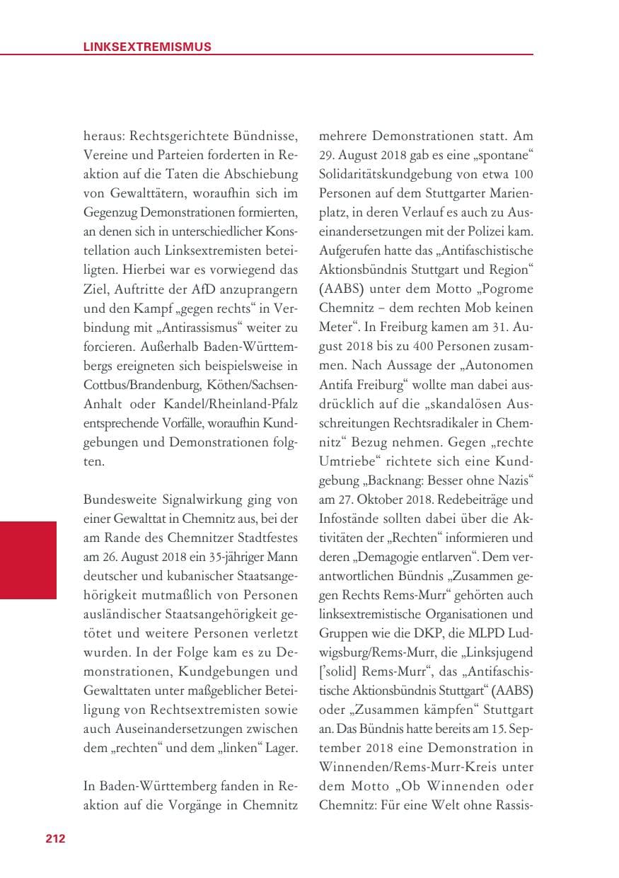 Seite 212 des Verfassungsschutzbericht 2018 Baden-Württemberg