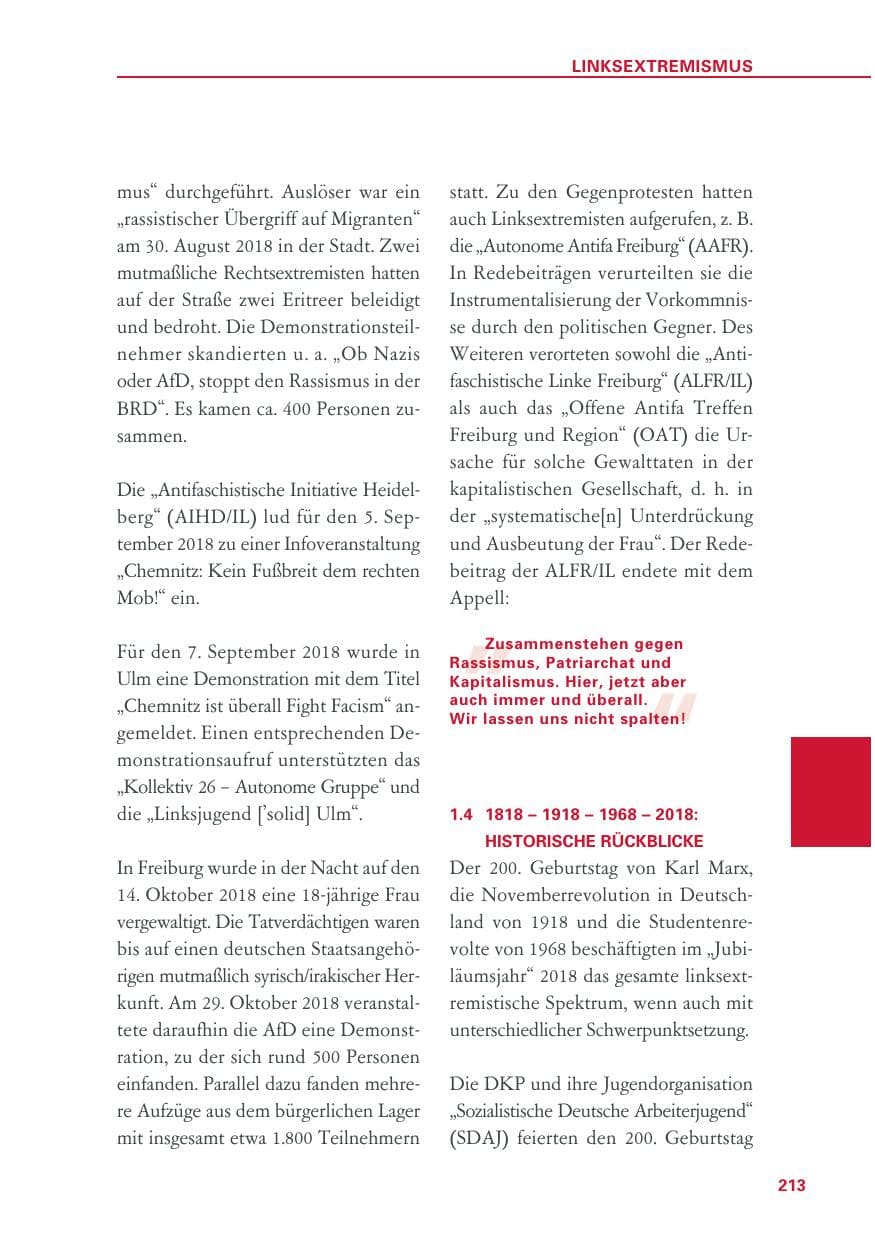 Seite 213 des Verfassungsschutzbericht 2018 Baden-Württemberg