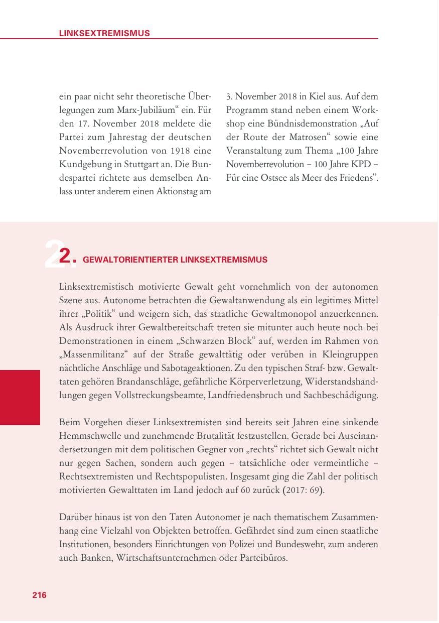 Seite 216 des Verfassungsschutzbericht 2018 Baden-Württemberg