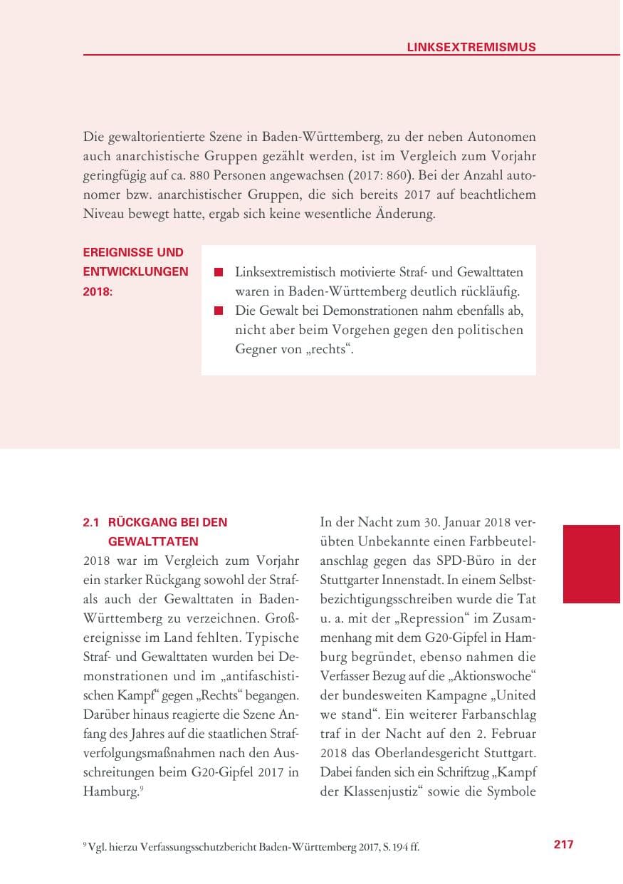 Seite 217 des Verfassungsschutzbericht 2018 Baden-Württemberg