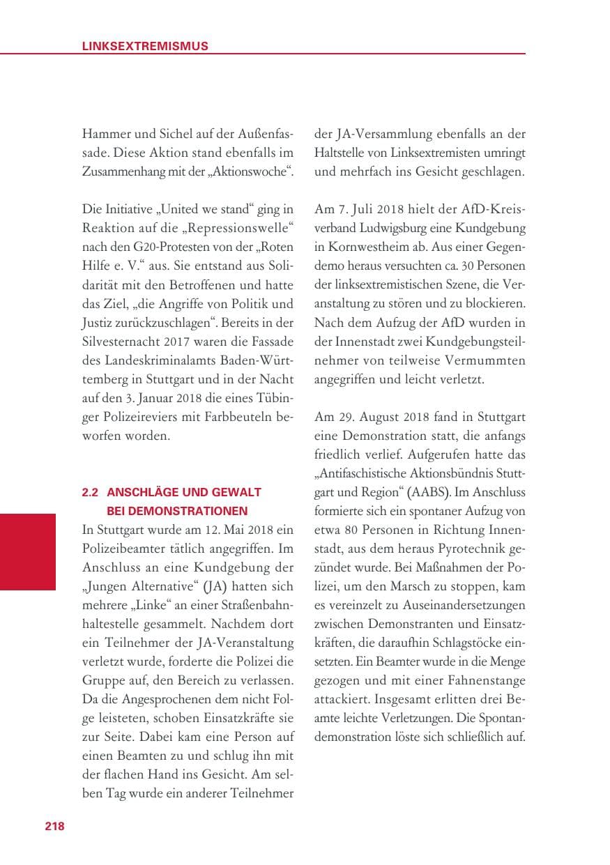 Seite 218 des Verfassungsschutzbericht 2018 Baden-Württemberg