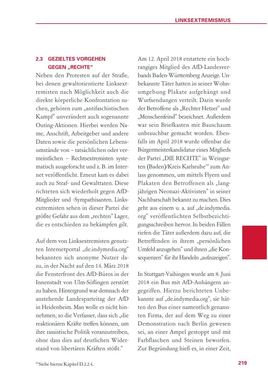 Seite 219 des Verfassungsschutzbericht 2018 Baden-Württemberg