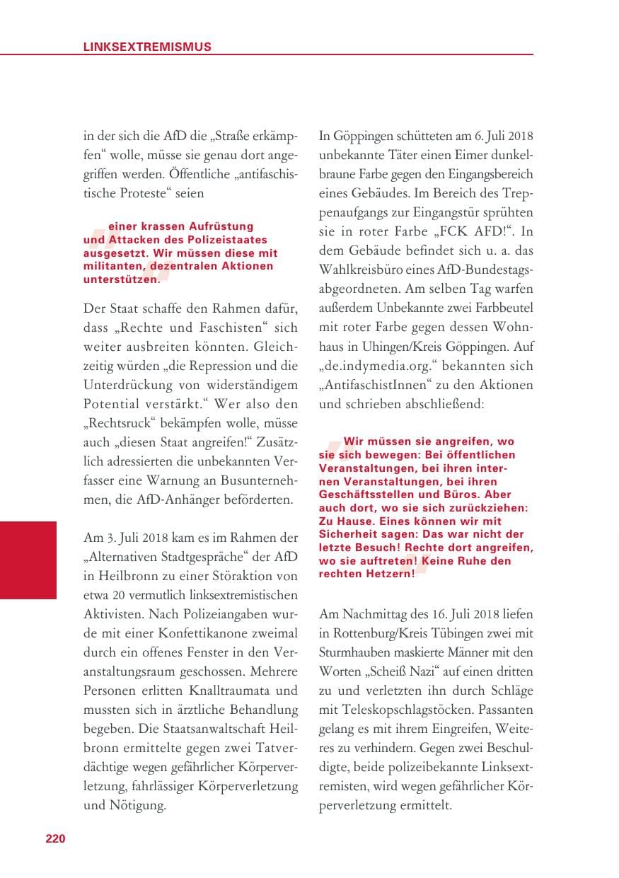 Seite 220 des Verfassungsschutzbericht 2018 Baden-Württemberg