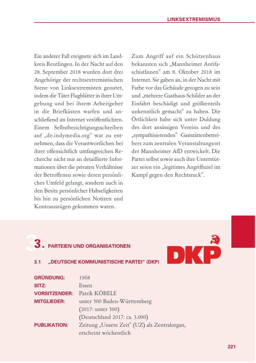 Seite 221 des Verfassungsschutzbericht 2018 Baden-Württemberg