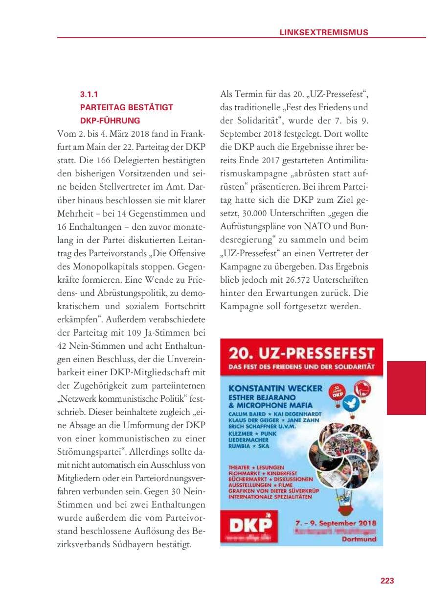 Seite 223 des Verfassungsschutzbericht 2018 Baden-Württemberg