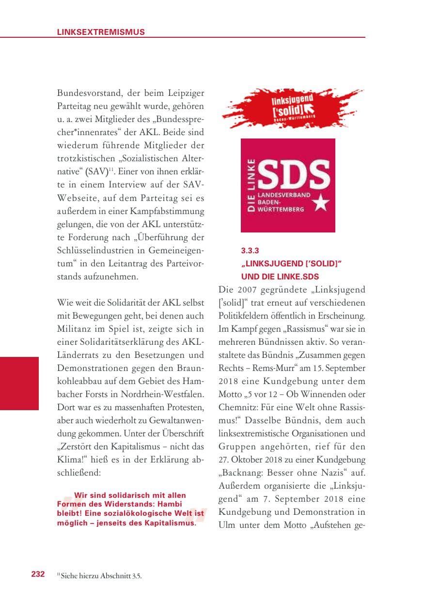 Seite 232 des Verfassungsschutzbericht 2018 Baden-Württemberg