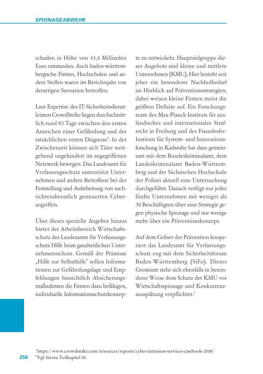 Seite 258 des Verfassungsschutzbericht 2018 Baden-Württemberg