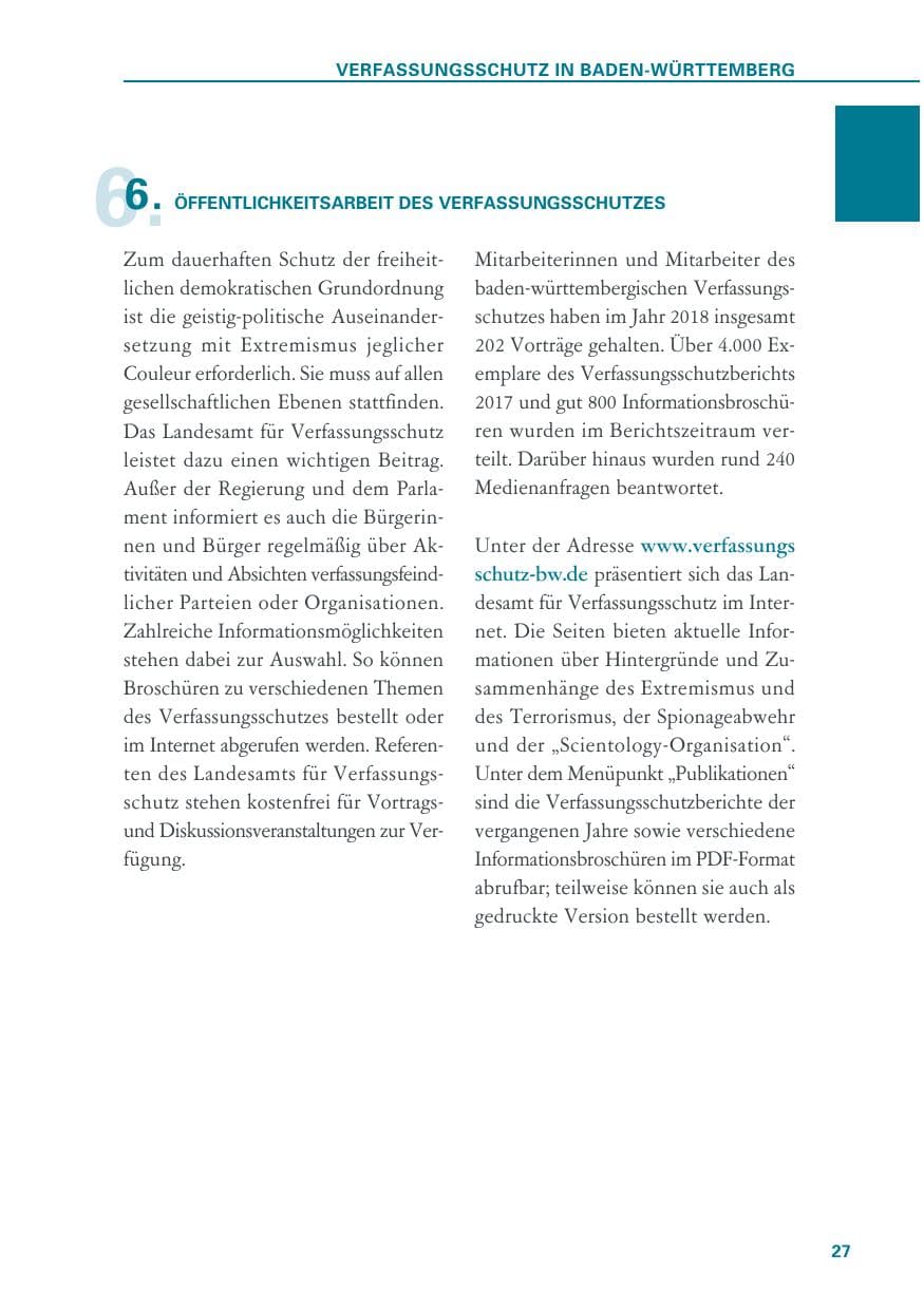 Seite 27 des Verfassungsschutzbericht 2018 Baden-Württemberg